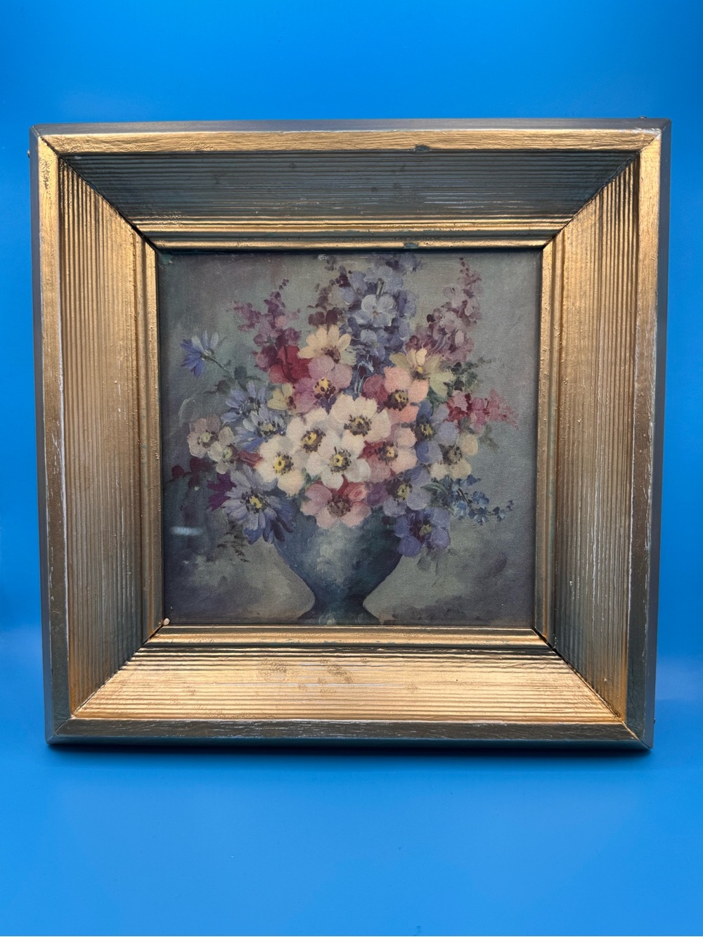 Vintage Floral Gold Coloured Wooden Framed Print. 9” by 9” (5.5” by 5.5”)